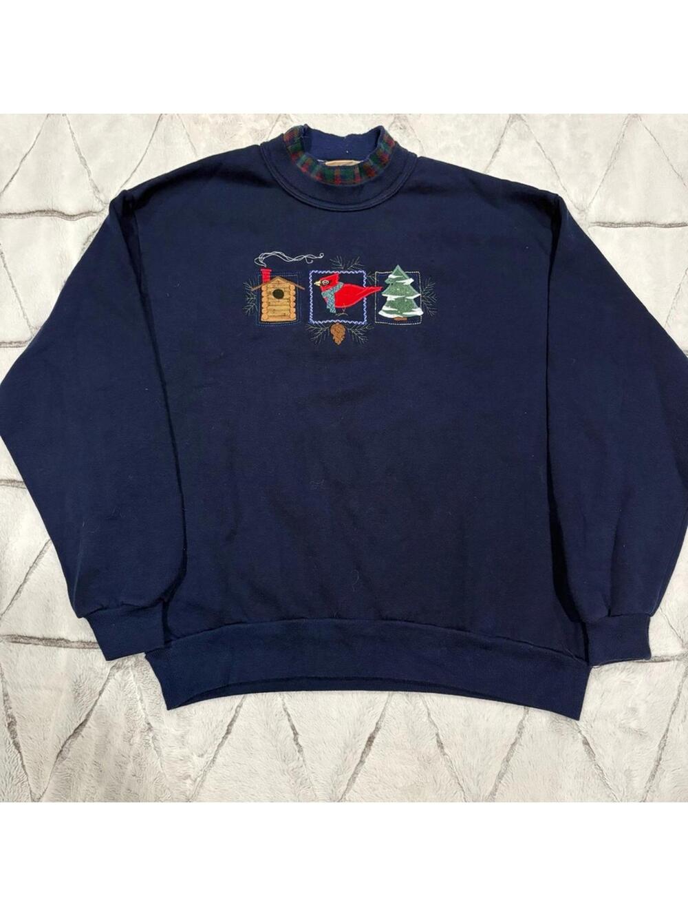 Top Stitch by Morning Sun Navy Blue Embroidered Sweatshirt Large Cotton Blend